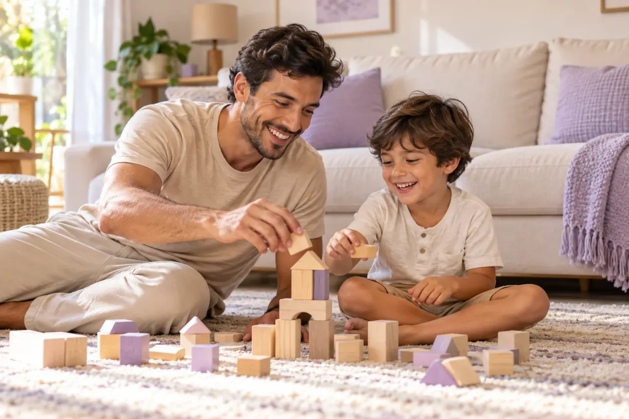 Pai e filho brincando juntos com blocos de madeira na sala de casa