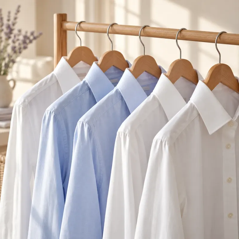 Camisas sociais penduradas em cabides de madeira