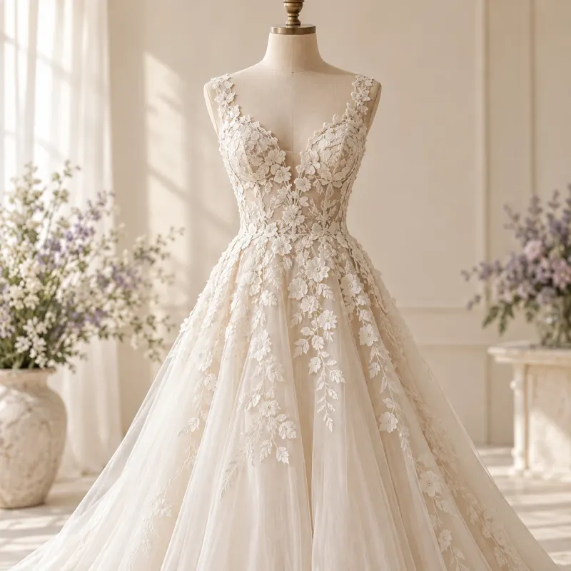 Detalhe da renda de um vestido de noiva