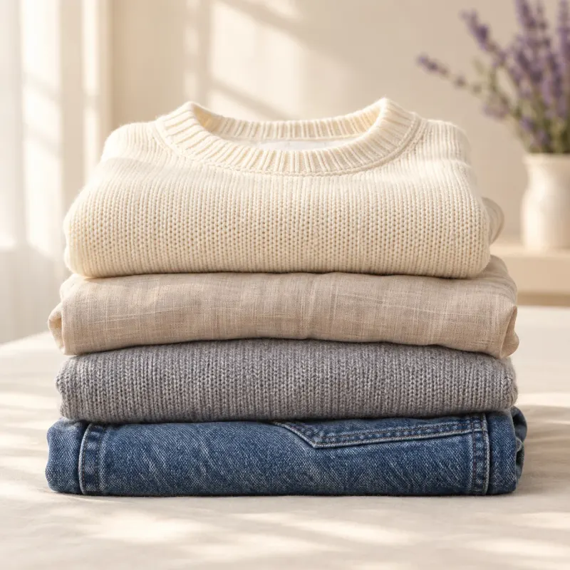 Pilha de roupas dobradas, lavadas e passadas